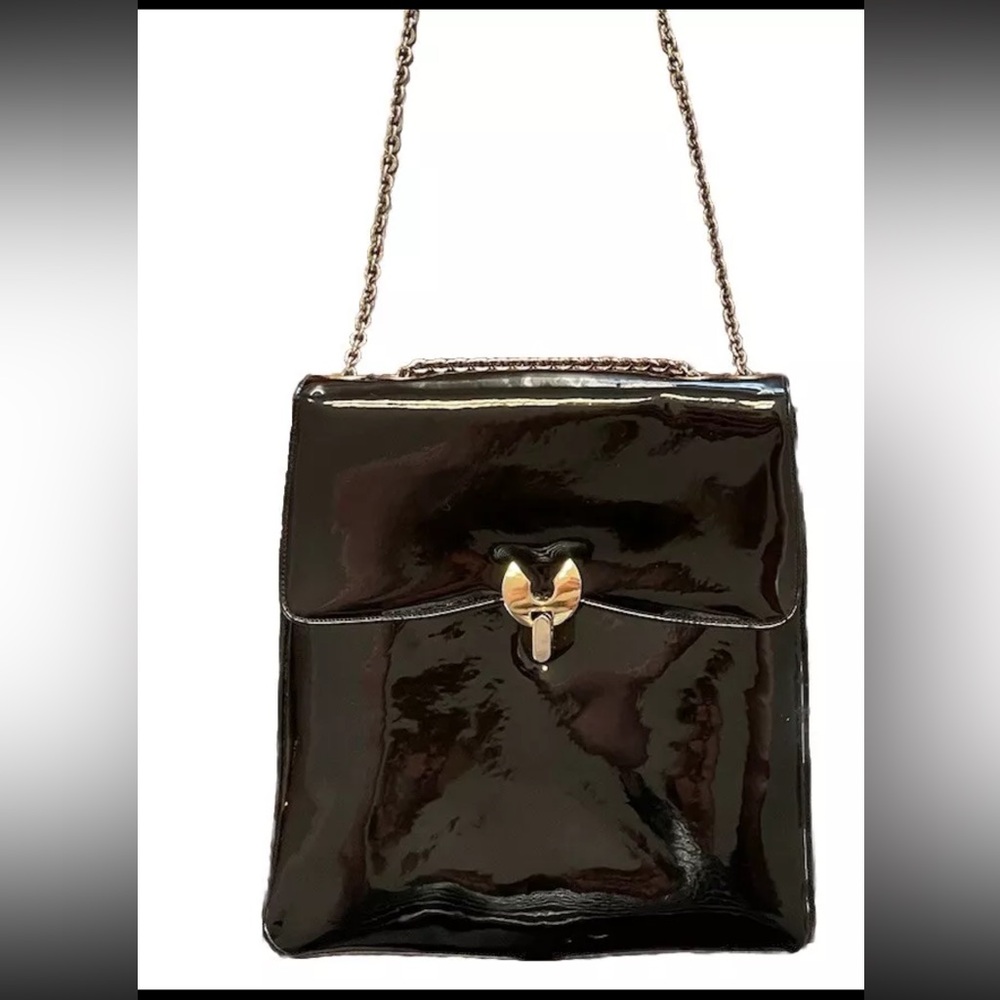 Vintage patent black shoulder bag purse w/ gold details and chain strap Prestige